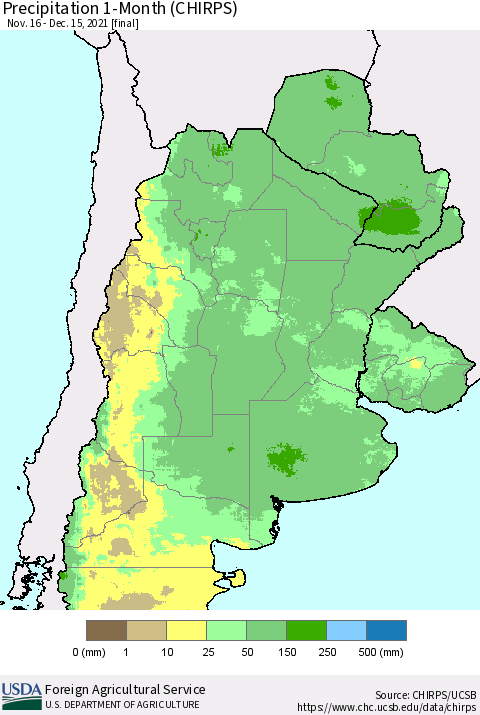 Southern South America Precipitation 1-Month (CHIRPS) Thematic Map For 11/16/2021 - 12/15/2021