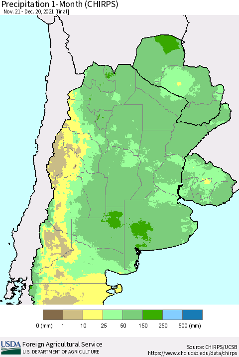 Southern South America Precipitation 1-Month (CHIRPS) Thematic Map For 11/21/2021 - 12/20/2021