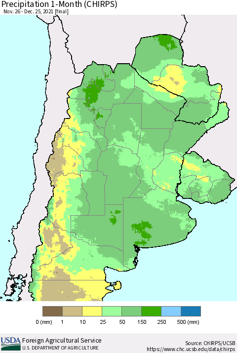 Southern South America Precipitation 1-Month (CHIRPS) Thematic Map For 11/26/2021 - 12/25/2021
