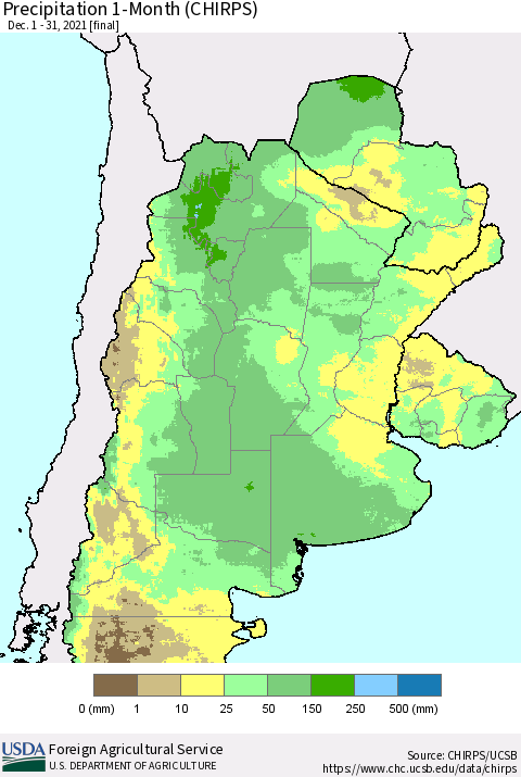 Southern South America Precipitation 1-Month (CHIRPS) Thematic Map For 12/1/2021 - 12/31/2021
