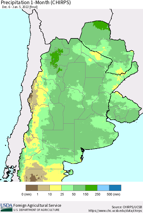 Southern South America Precipitation 1-Month (CHIRPS) Thematic Map For 12/6/2021 - 1/5/2022