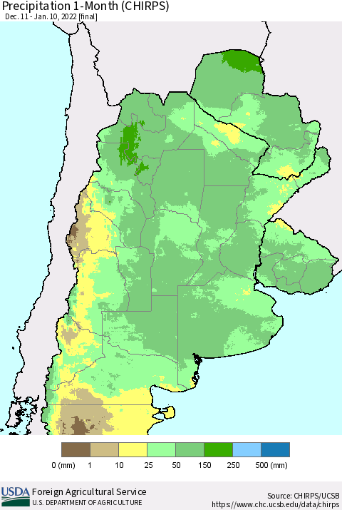 Southern South America Precipitation 1-Month (CHIRPS) Thematic Map For 12/11/2021 - 1/10/2022