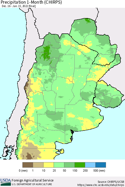 Southern South America Precipitation 1-Month (CHIRPS) Thematic Map For 12/16/2021 - 1/15/2022