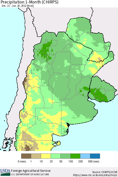 Southern South America Precipitation 1-Month (CHIRPS) Thematic Map For 12/21/2021 - 1/20/2022