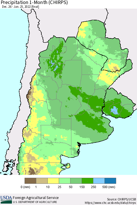 Southern South America Precipitation 1-Month (CHIRPS) Thematic Map For 12/26/2021 - 1/25/2022