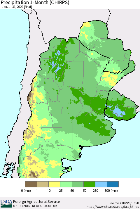 Southern South America Precipitation 1-Month (CHIRPS) Thematic Map For 1/1/2022 - 1/31/2022