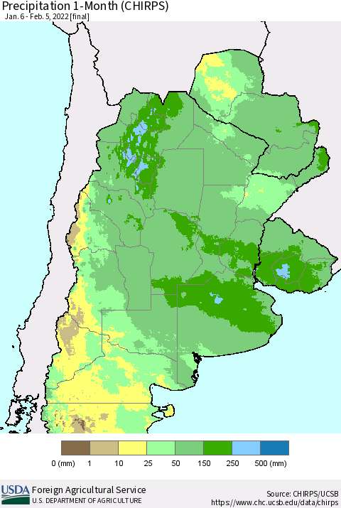 Southern South America Precipitation 1-Month (CHIRPS) Thematic Map For 1/6/2022 - 2/5/2022