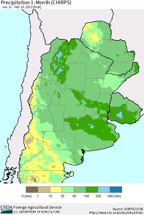 Southern South America Precipitation 1-Month (CHIRPS) Thematic Map For 1/11/2022 - 2/10/2022