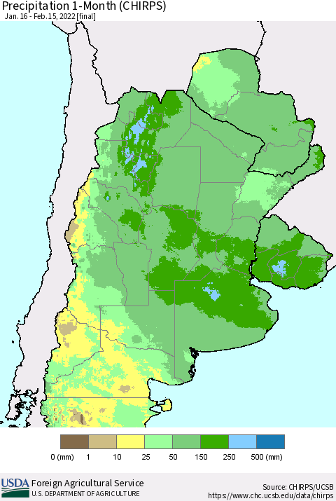 Southern South America Precipitation 1-Month (CHIRPS) Thematic Map For 1/16/2022 - 2/15/2022