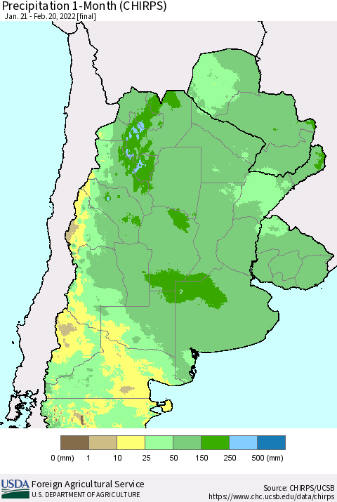 Southern South America Precipitation 1-Month (CHIRPS) Thematic Map For 1/21/2022 - 2/20/2022