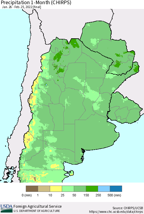 Southern South America Precipitation 1-Month (CHIRPS) Thematic Map For 1/26/2022 - 2/25/2022