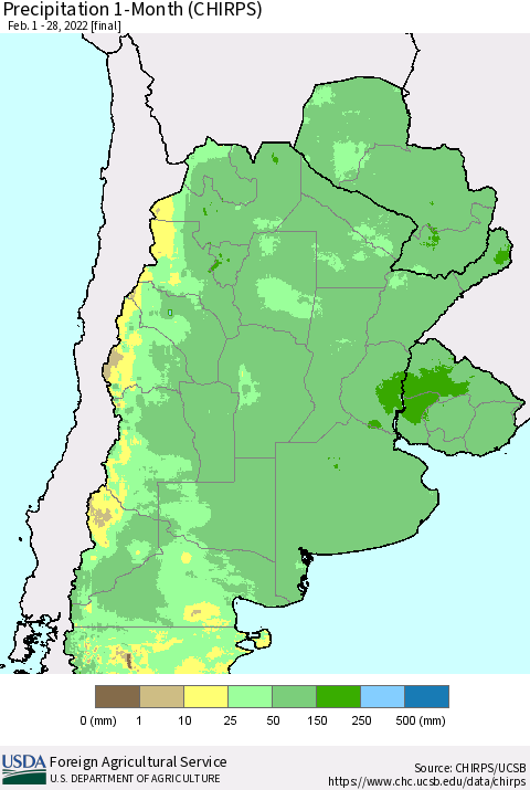 Southern South America Precipitation 1-Month (CHIRPS) Thematic Map For 2/1/2022 - 2/28/2022