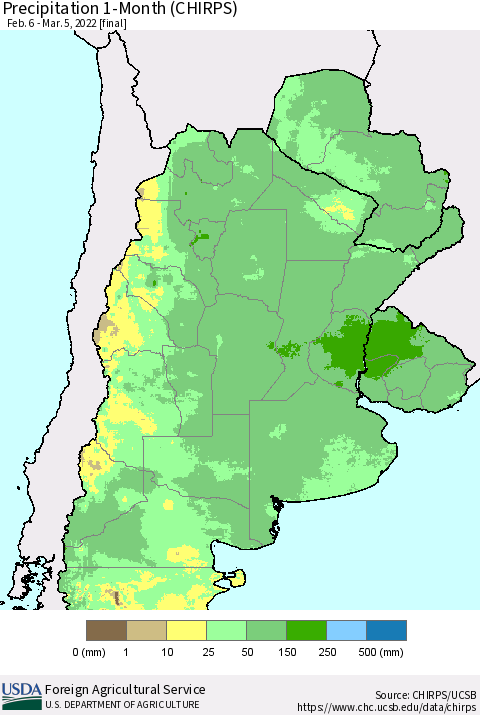 Southern South America Precipitation 1-Month (CHIRPS) Thematic Map For 2/6/2022 - 3/5/2022