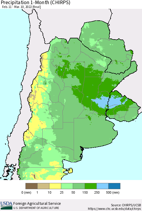 Southern South America Precipitation 1-Month (CHIRPS) Thematic Map For 2/11/2022 - 3/10/2022