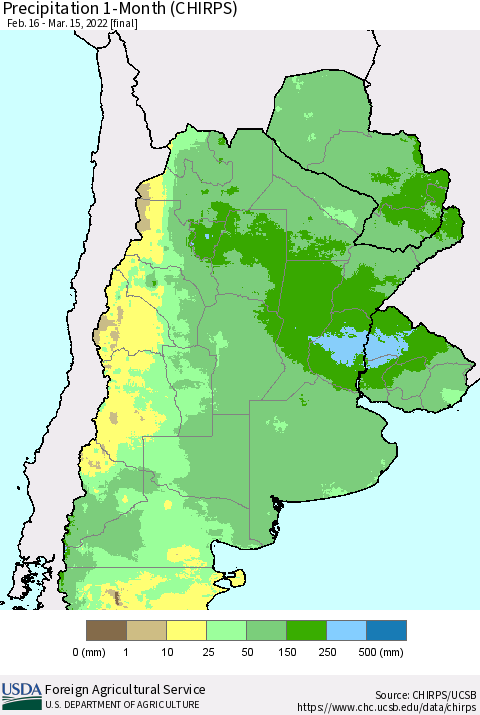 Southern South America Precipitation 1-Month (CHIRPS) Thematic Map For 2/16/2022 - 3/15/2022