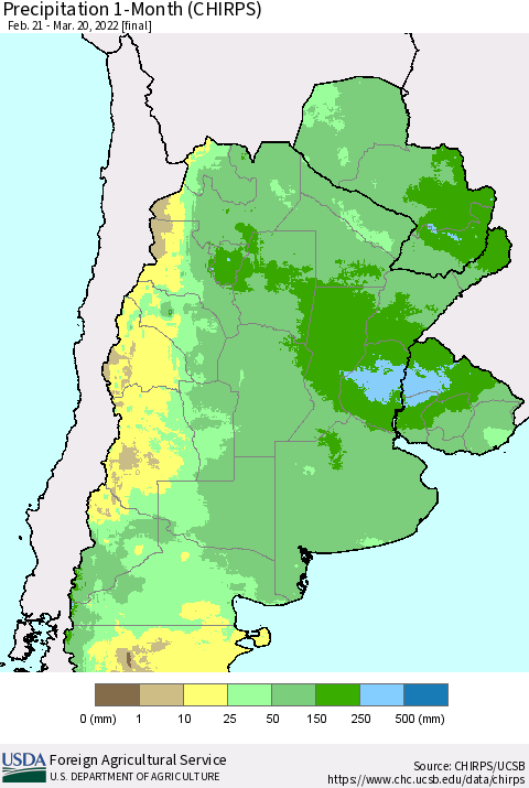 Southern South America Precipitation 1-Month (CHIRPS) Thematic Map For 2/21/2022 - 3/20/2022