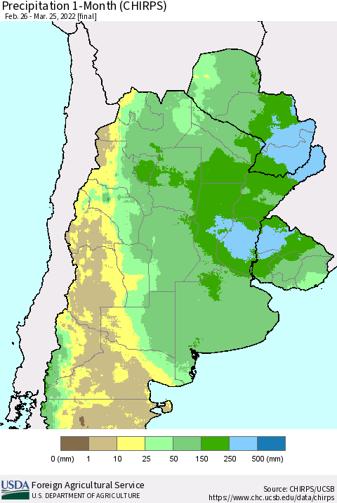 Southern South America Precipitation 1-Month (CHIRPS) Thematic Map For 2/26/2022 - 3/25/2022