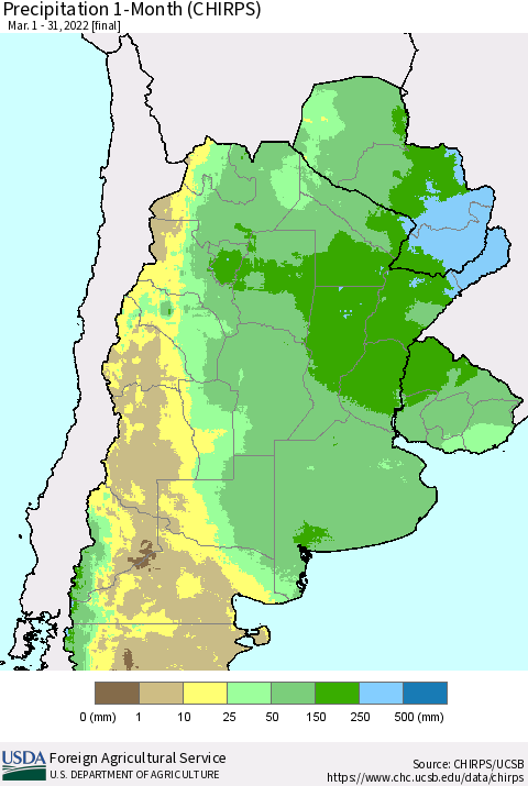 Southern South America Precipitation 1-Month (CHIRPS) Thematic Map For 3/1/2022 - 3/31/2022