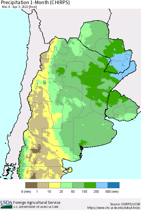 Southern South America Precipitation 1-Month (CHIRPS) Thematic Map For 3/6/2022 - 4/5/2022