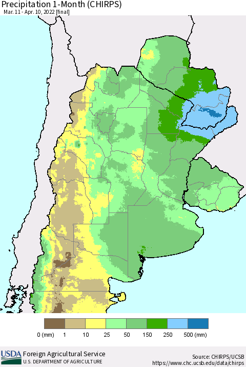 Southern South America Precipitation 1-Month (CHIRPS) Thematic Map For 3/11/2022 - 4/10/2022