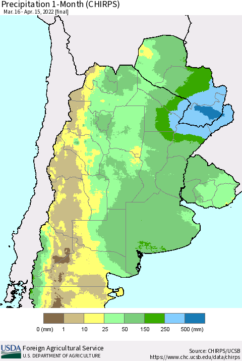 Southern South America Precipitation 1-Month (CHIRPS) Thematic Map For 3/16/2022 - 4/15/2022