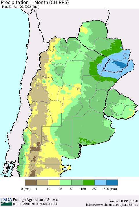 Southern South America Precipitation 1-Month (CHIRPS) Thematic Map For 3/21/2022 - 4/20/2022