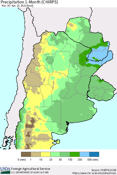 Southern South America Precipitation 1-Month (CHIRPS) Thematic Map For 3/26/2022 - 4/25/2022