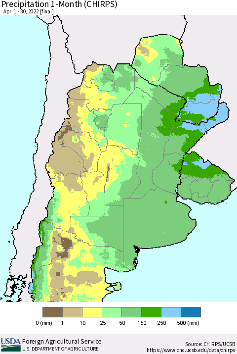 Southern South America Precipitation 1-Month (CHIRPS) Thematic Map For 4/1/2022 - 4/30/2022