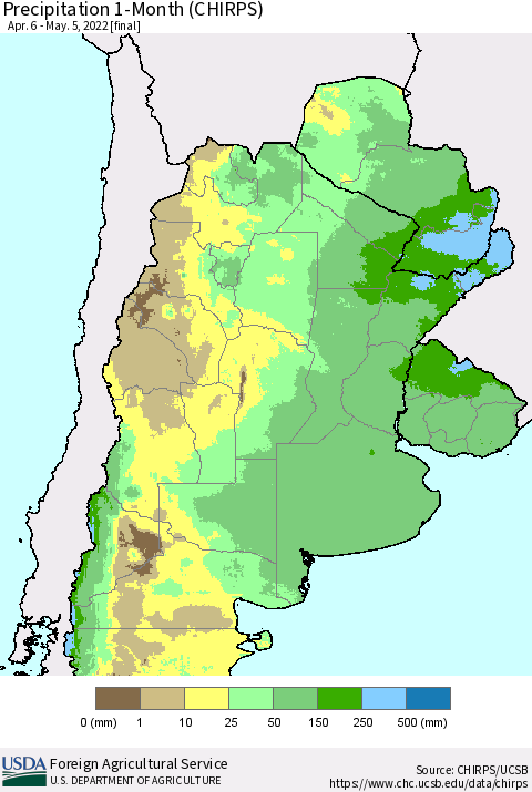 Southern South America Precipitation 1-Month (CHIRPS) Thematic Map For 4/6/2022 - 5/5/2022