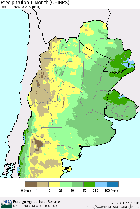 Southern South America Precipitation 1-Month (CHIRPS) Thematic Map For 4/11/2022 - 5/10/2022