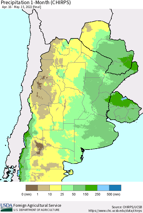 Southern South America Precipitation 1-Month (CHIRPS) Thematic Map For 4/16/2022 - 5/15/2022