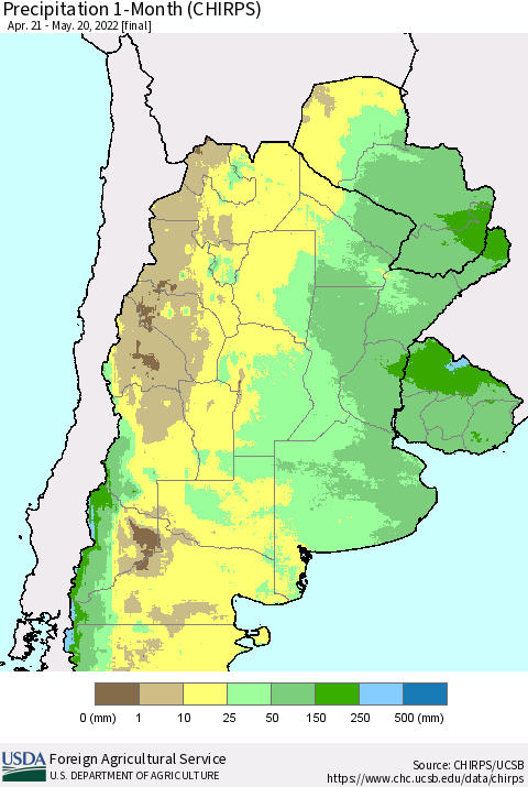 Southern South America Precipitation 1-Month (CHIRPS) Thematic Map For 4/21/2022 - 5/20/2022