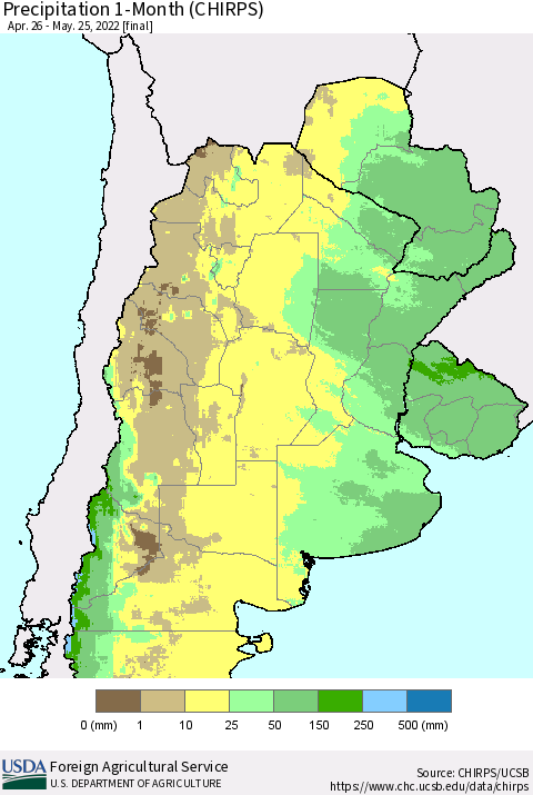 Southern South America Precipitation 1-Month (CHIRPS) Thematic Map For 4/26/2022 - 5/25/2022
