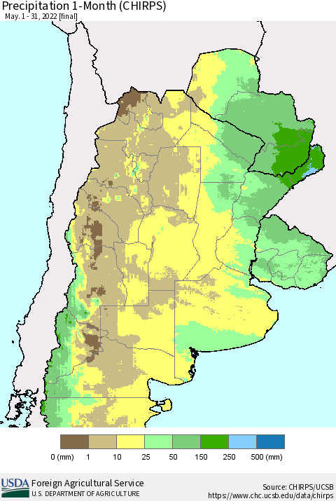 Southern South America Precipitation 1-Month (CHIRPS) Thematic Map For 5/1/2022 - 5/31/2022