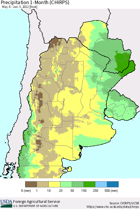 Southern South America Precipitation 1-Month (CHIRPS) Thematic Map For 5/6/2022 - 6/5/2022