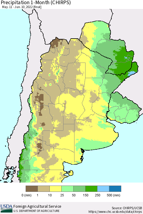 Southern South America Precipitation 1-Month (CHIRPS) Thematic Map For 5/11/2022 - 6/10/2022