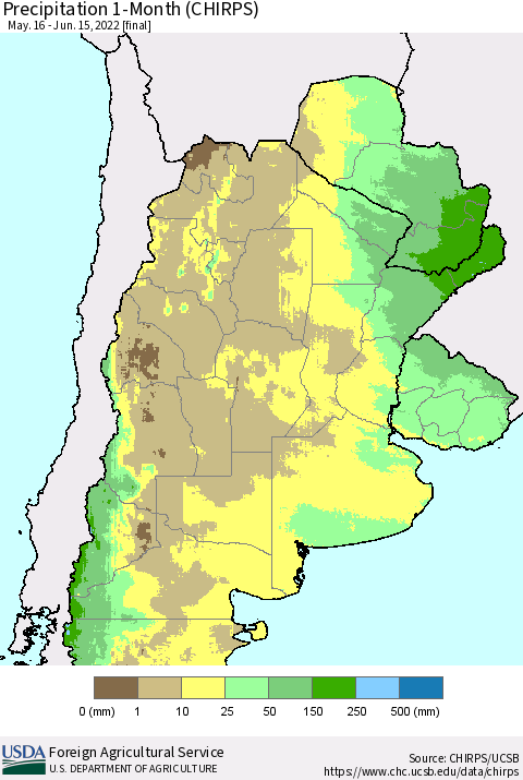 Southern South America Precipitation 1-Month (CHIRPS) Thematic Map For 5/16/2022 - 6/15/2022