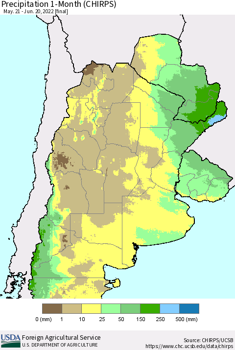 Southern South America Precipitation 1-Month (CHIRPS) Thematic Map For 5/21/2022 - 6/20/2022