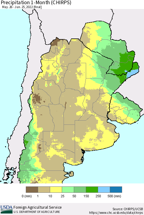 Southern South America Precipitation 1-Month (CHIRPS) Thematic Map For 5/26/2022 - 6/25/2022