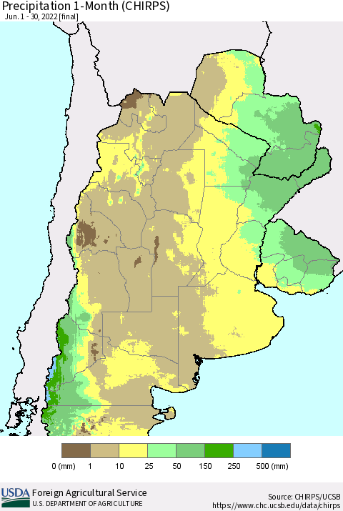 Southern South America Precipitation 1-Month (CHIRPS) Thematic Map For 6/1/2022 - 6/30/2022