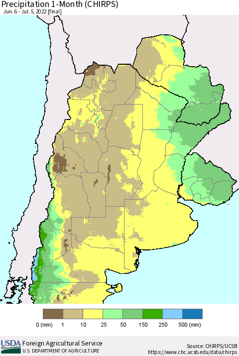 Southern South America Precipitation 1-Month (CHIRPS) Thematic Map For 6/6/2022 - 7/5/2022