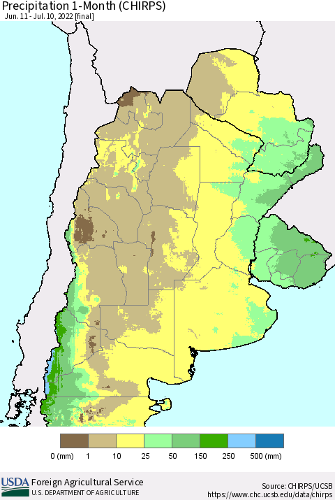 Southern South America Precipitation 1-Month (CHIRPS) Thematic Map For 6/11/2022 - 7/10/2022