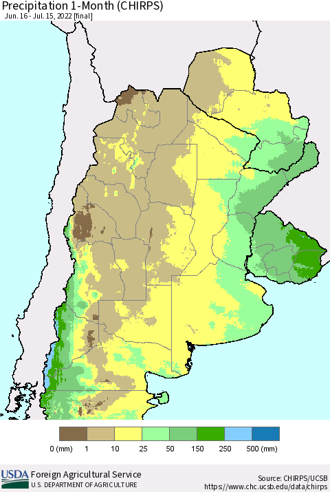 Southern South America Precipitation 1-Month (CHIRPS) Thematic Map For 6/16/2022 - 7/15/2022