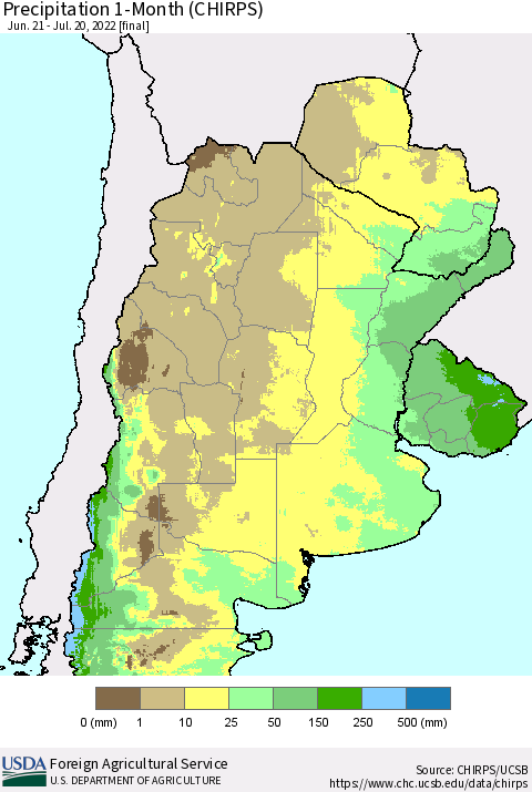 Southern South America Precipitation 1-Month (CHIRPS) Thematic Map For 6/21/2022 - 7/20/2022