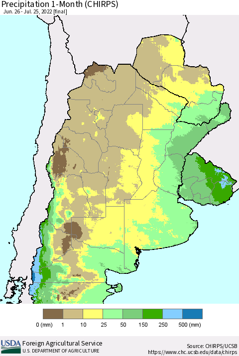 Southern South America Precipitation 1-Month (CHIRPS) Thematic Map For 6/26/2022 - 7/25/2022