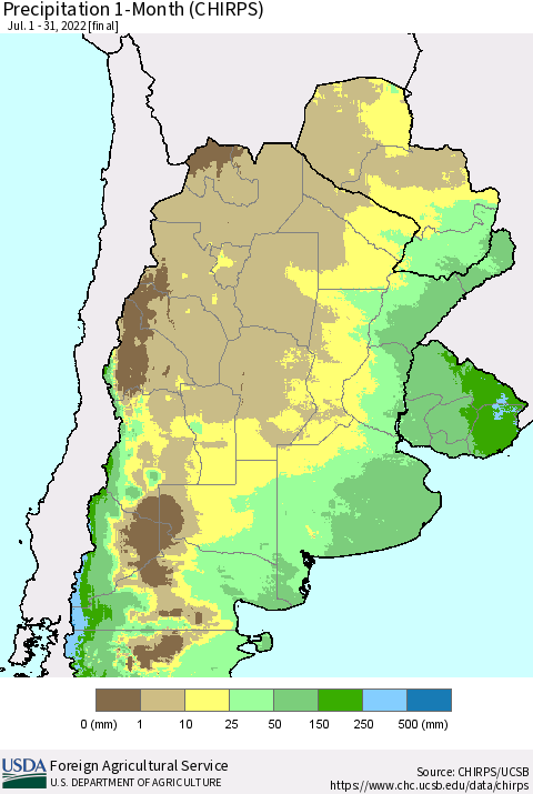 Southern South America Precipitation 1-Month (CHIRPS) Thematic Map For 7/1/2022 - 7/31/2022