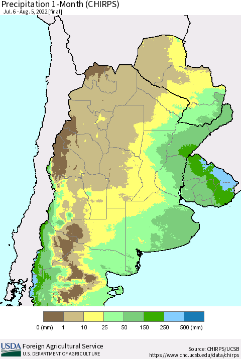 Southern South America Precipitation 1-Month (CHIRPS) Thematic Map For 7/6/2022 - 8/5/2022