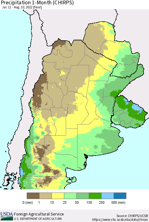 Southern South America Precipitation 1-Month (CHIRPS) Thematic Map For 7/11/2022 - 8/10/2022