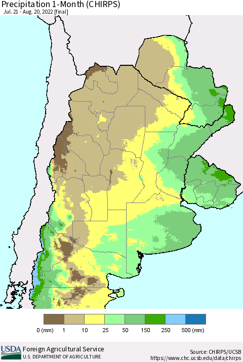 Southern South America Precipitation 1-Month (CHIRPS) Thematic Map For 7/21/2022 - 8/20/2022