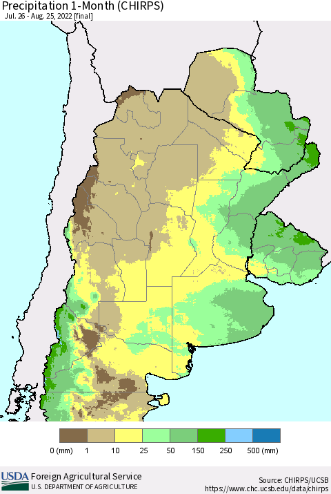 Southern South America Precipitation 1-Month (CHIRPS) Thematic Map For 7/26/2022 - 8/25/2022